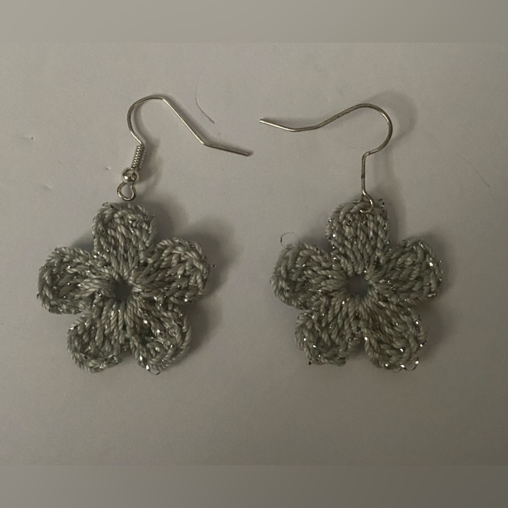 Handmade crochet gray metallic floral earrings